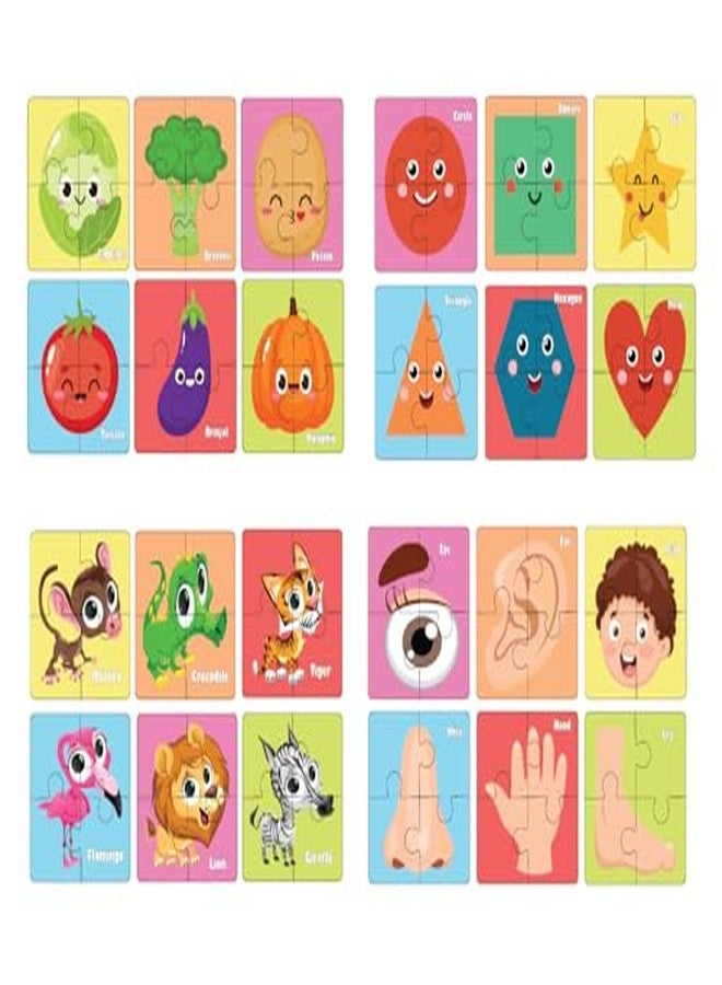 Khilonewale Set of 4 Wooden Jigsaw Puzzles - Vegetables, Shapes, Body Parts & Wild Animals for Kids - Educational and Fun Learning Toys - Image 1